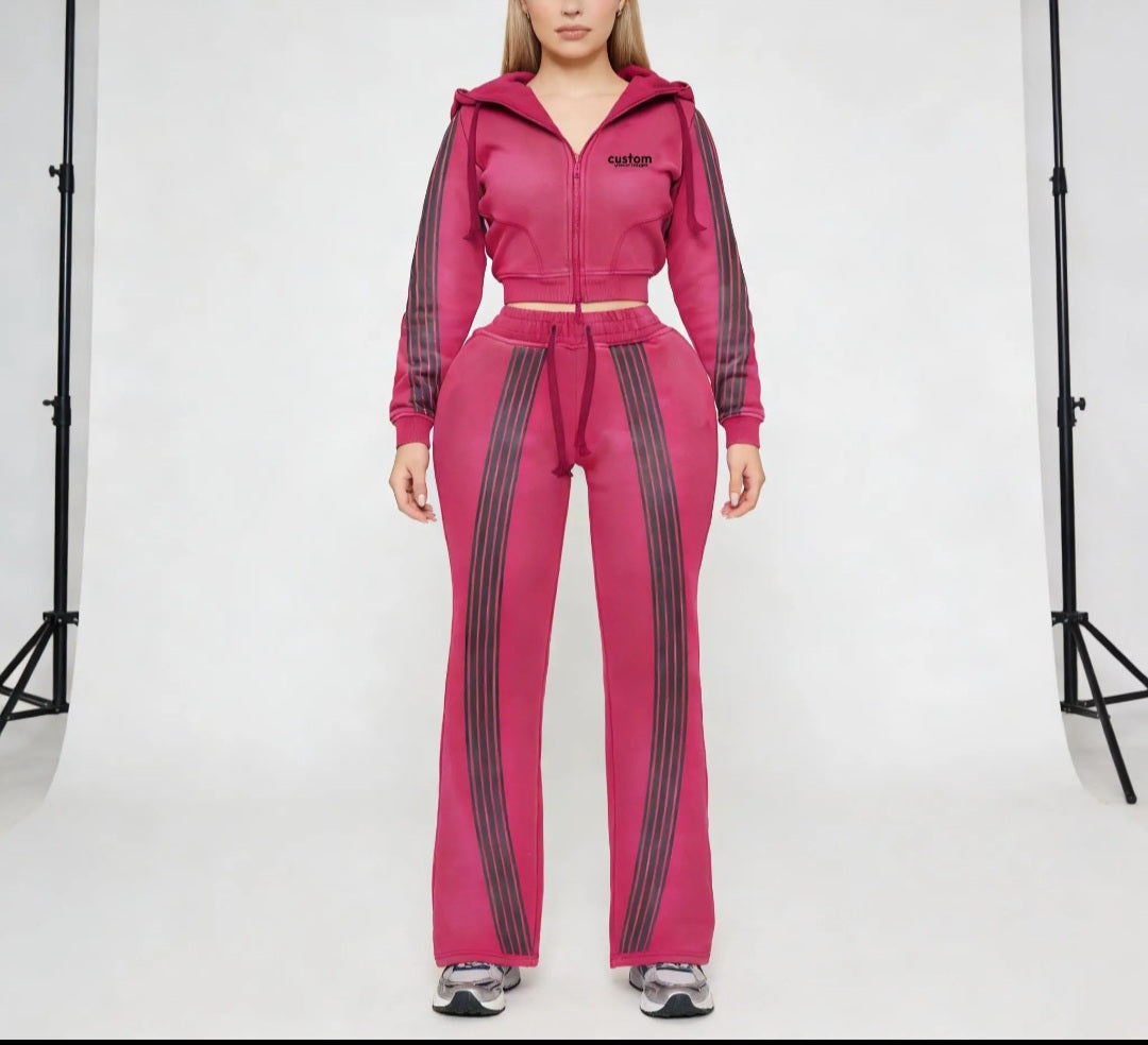 Women's Cropped Zip Hoodie and Flared Jogger Loungewear Set, Side Stripe
