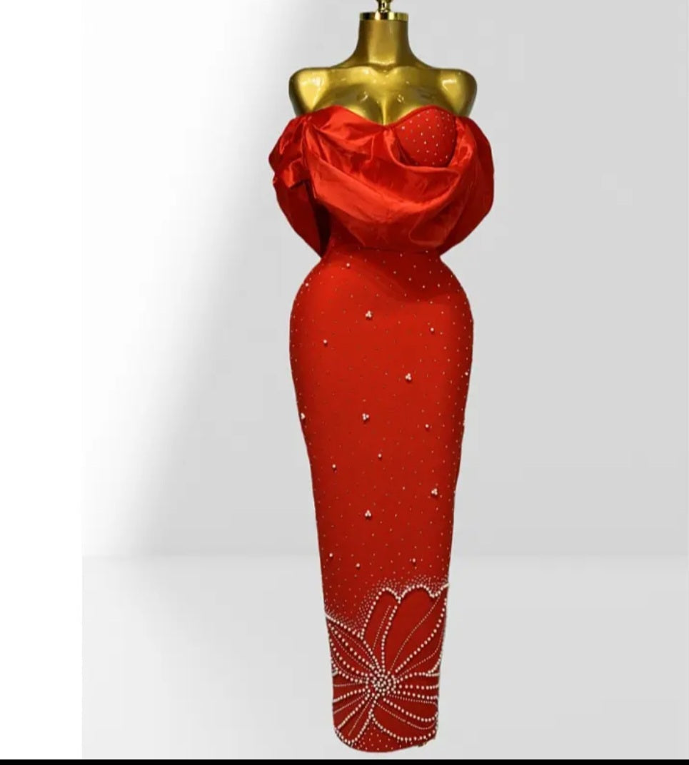 Off-Shoulder Ruched Rhinestone Floral Column Evening Gown