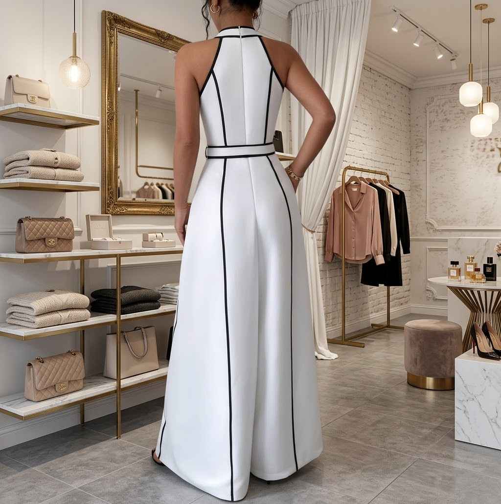 Belted Wide-Leg Jumpsuit with Contrast Piping