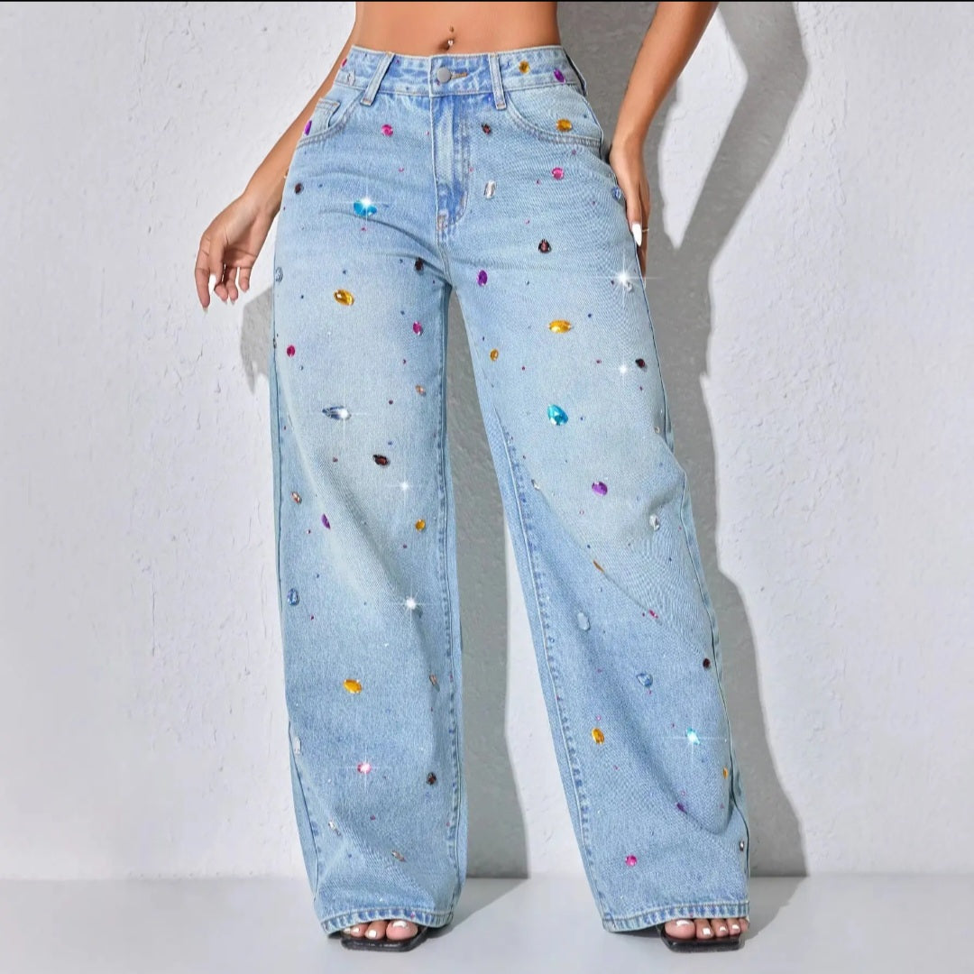 Women Rhinestone Embellished Jeans High Waist Washed Loose Straight Leg Casual Denim Long Pants