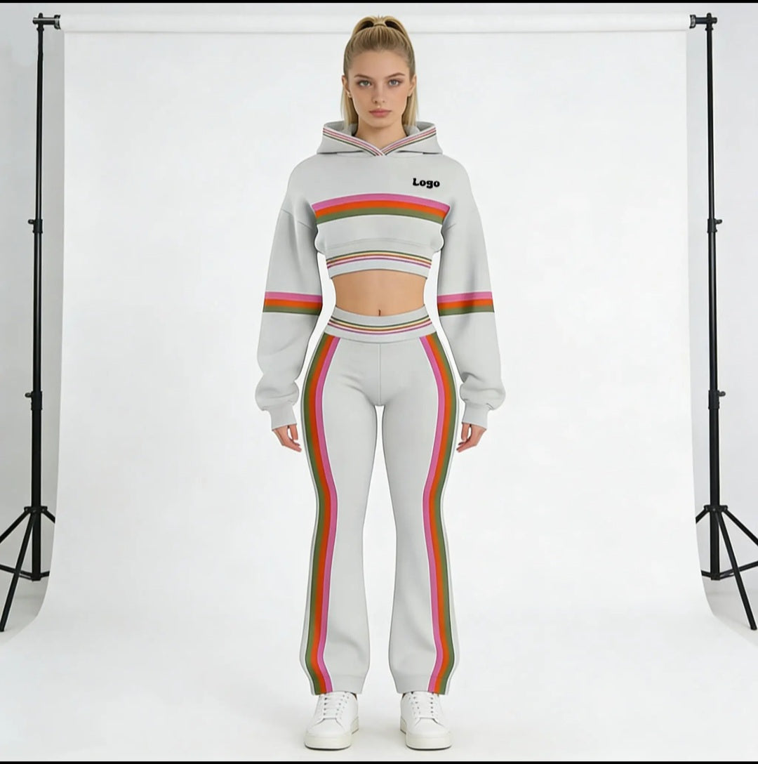 Striped Colorblock Cropped Hoodie &amp; Flare Sweatpants Set