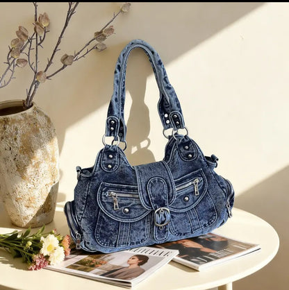 Vintage Washed Denim Hobo Shoulder Bag with Buckle Flap and Multi-Zip Pockets