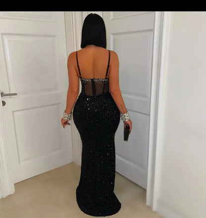 Rhinestone Bustier Sequin Mermaid Evening Gown with High Slit and Sweep Train