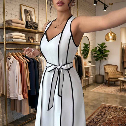 Belted Wide-Leg Jumpsuit with Contrast Piping