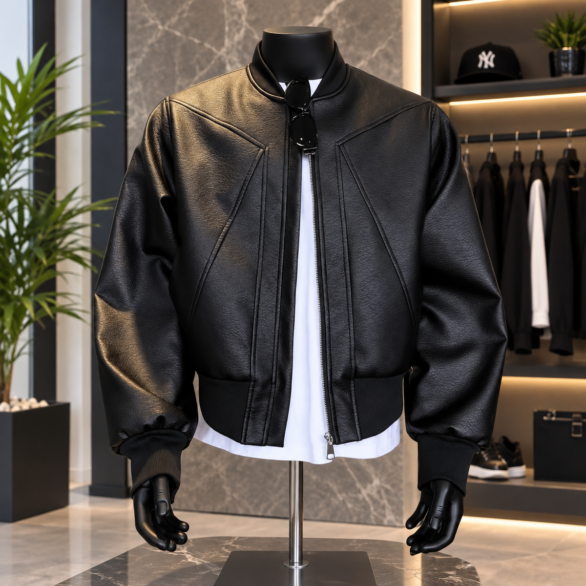 Men's Faux Leather Panelled Bomber Jacket – Black PU Stand Collar