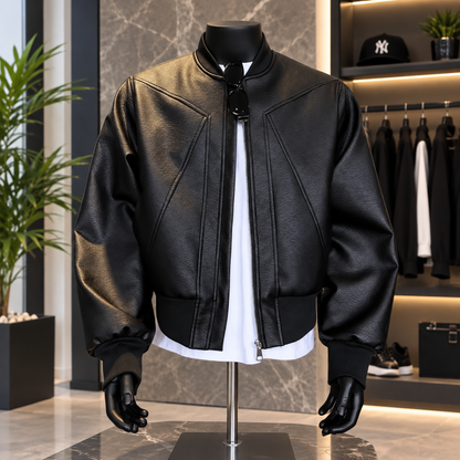 Men's Faux Leather Panelled Bomber Jacket – Black PU Stand Collar