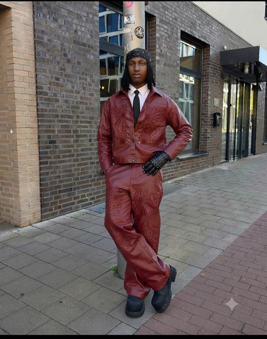 Men's Spiderweb Embossed Faux Leather Jacket & Pants Set