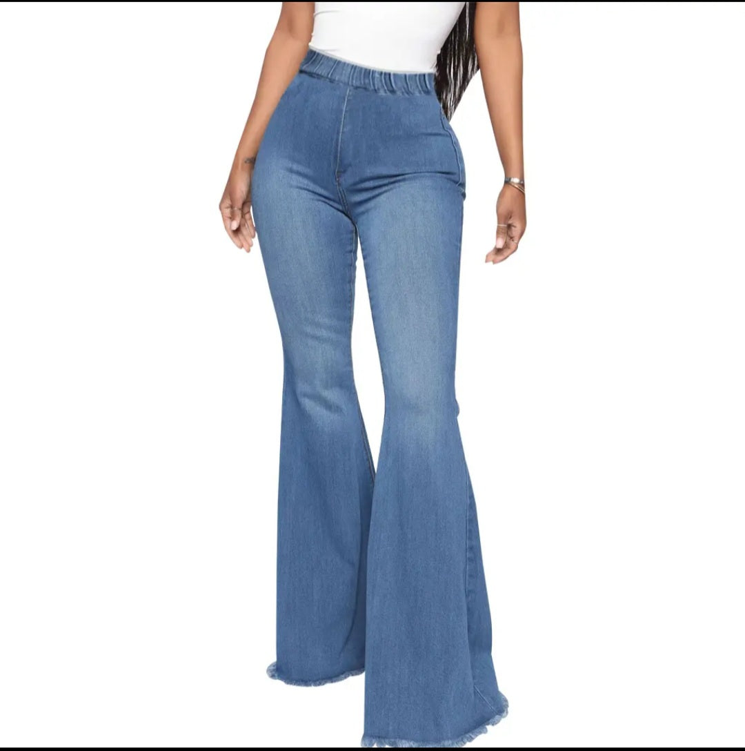 Women Flare Wide Leg Jeans Mid Waist Stretch Spandex Enzyme Wash Color Fade Proof Eco-Friendly