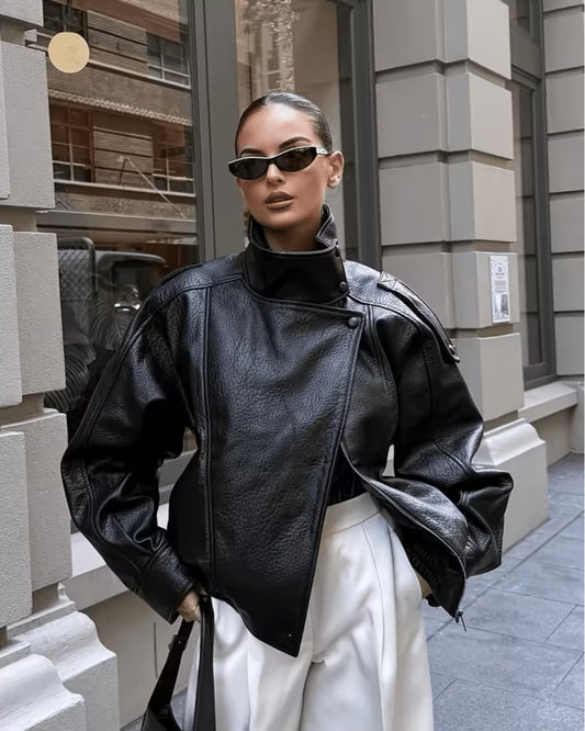 Women's Oversized Faux-Leather Zip Jacket, Versatile Casual Short Coat