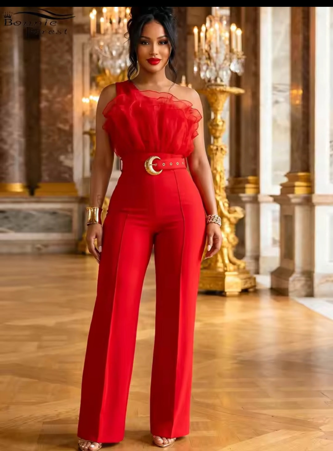 Women's One-Shoulder Ruffled Wide-Leg Jumpsuit