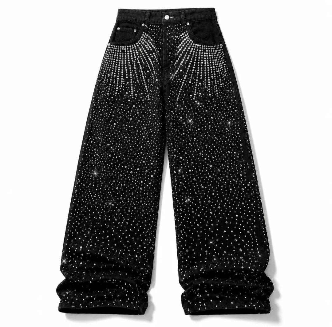 Rhinestone Studded Baggy Wide-Leg Denim Jeans