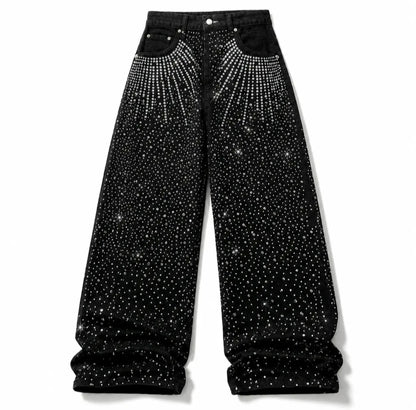 Rhinestone Studded Baggy Wide-Leg Denim Jeans - Modernrush.us