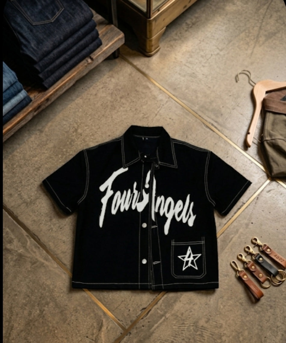 "If It Makes You Happy" Slogan Print Distressed Button-Up Shirt