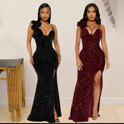 Sequin Sweetheart One-Shoulder Ruffle Mermaid Gown with Slit