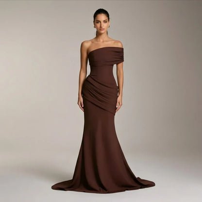 One-Shoulder Draped Mermaid Evening Gown with Train - Modernrush.us