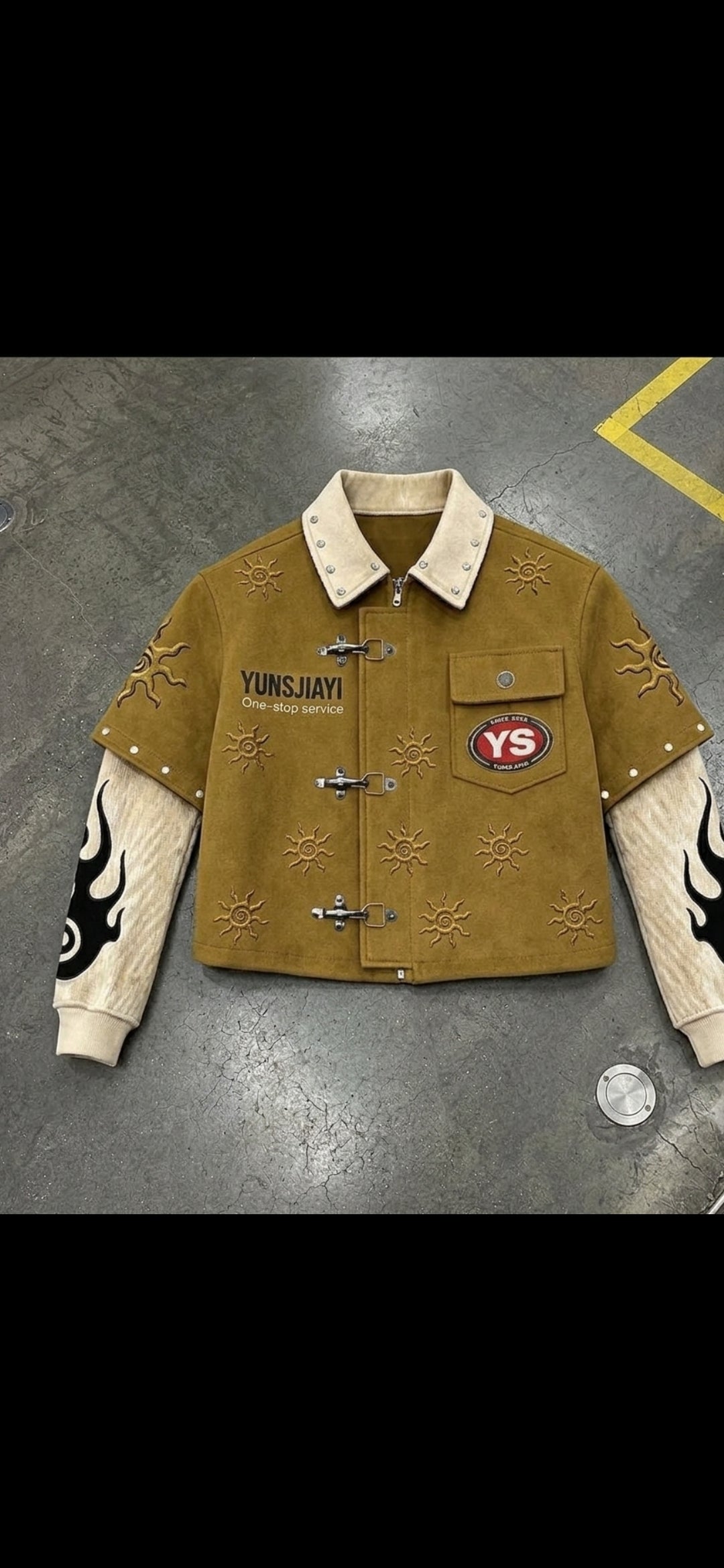 Sun Embroidered Suede Panel Cropped Jacket with Flame Corduroy Sleeves
