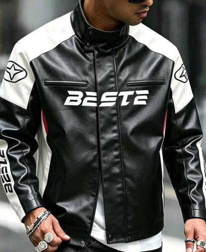 American Motorcycle Style Patchwork PU Leather Jacket for Men - Modernrush.us