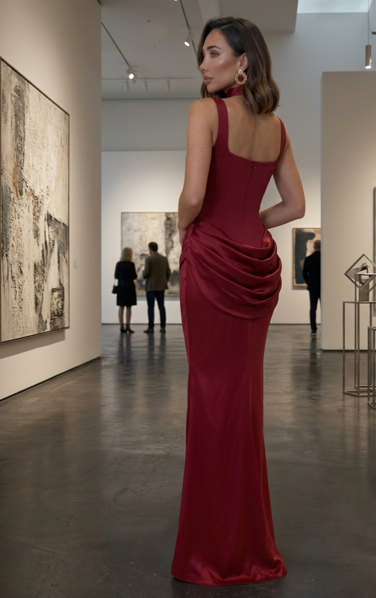Pearl-Beaded Square Neck Ruched Satin Column Gown
