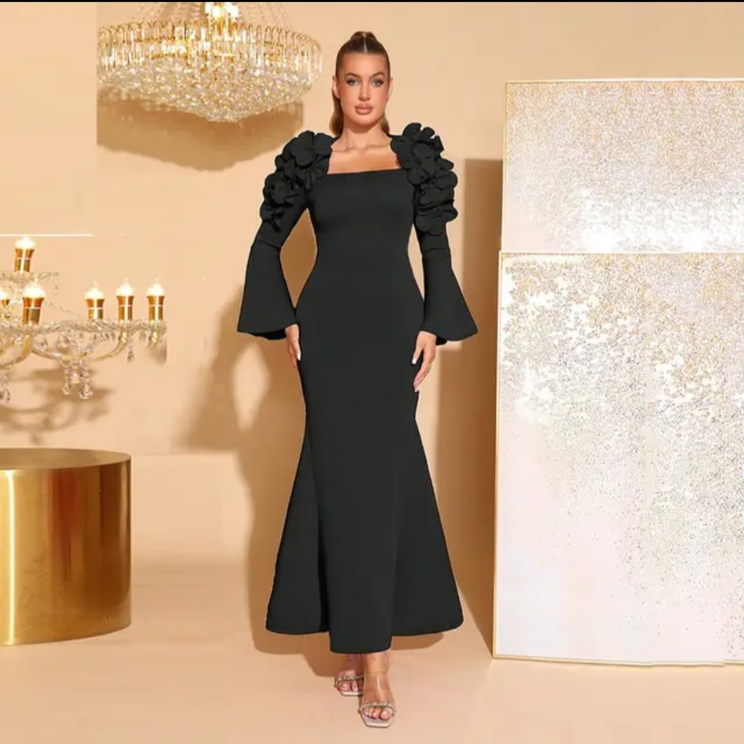 3D Floral Shoulder Bell-Sleeve Mermaid Evening Gown - Modernrush.us