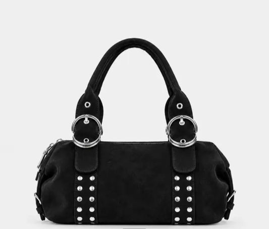 Vintage Studded Suede-Look Boston Shoulder Handbag with Top Handles