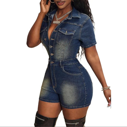 Button-Front Belted Denim Romper
