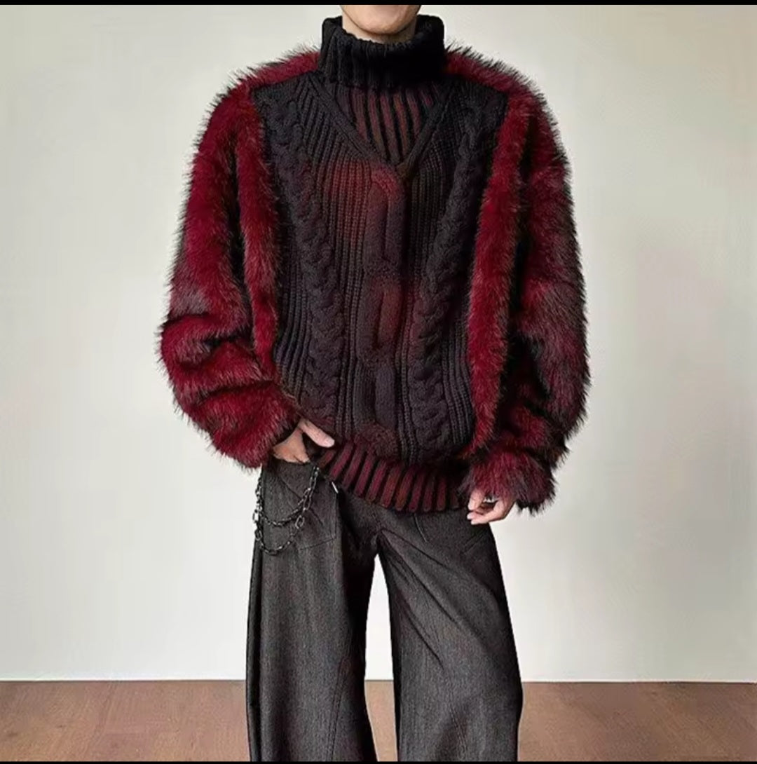 Oversized Faux Fur Cable-Knit Turtleneck Sweater