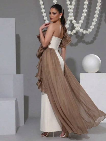 Off-Shoulder Ruffle Trim Mermaid Evening Gown with Drape Sash - Modernrush.us
