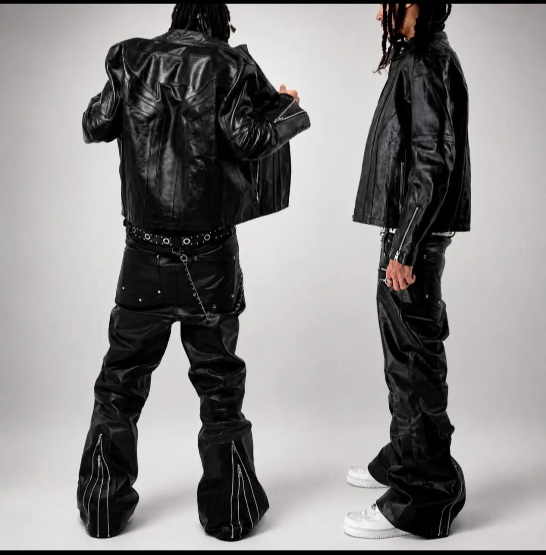 Distressed Leather-Look Two-Piece Zip Jacket and Flare Pants Set