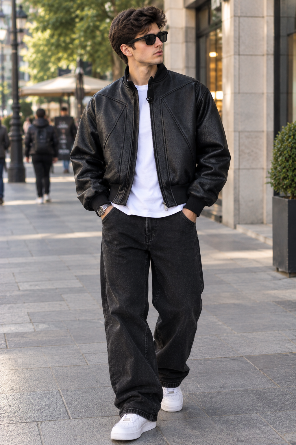 Men's Faux Leather Panelled Bomber Jacket – Black PU Stand Collar