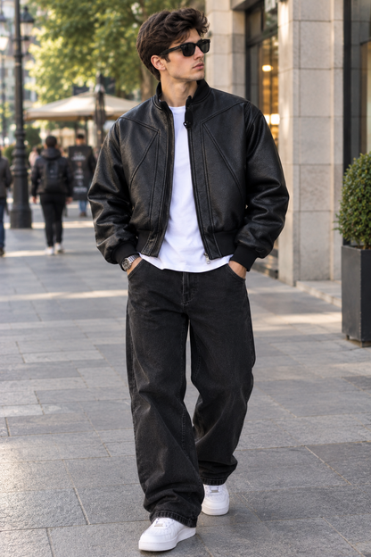 Men's Faux Leather Panelled Bomber Jacket – Black PU Stand Collar