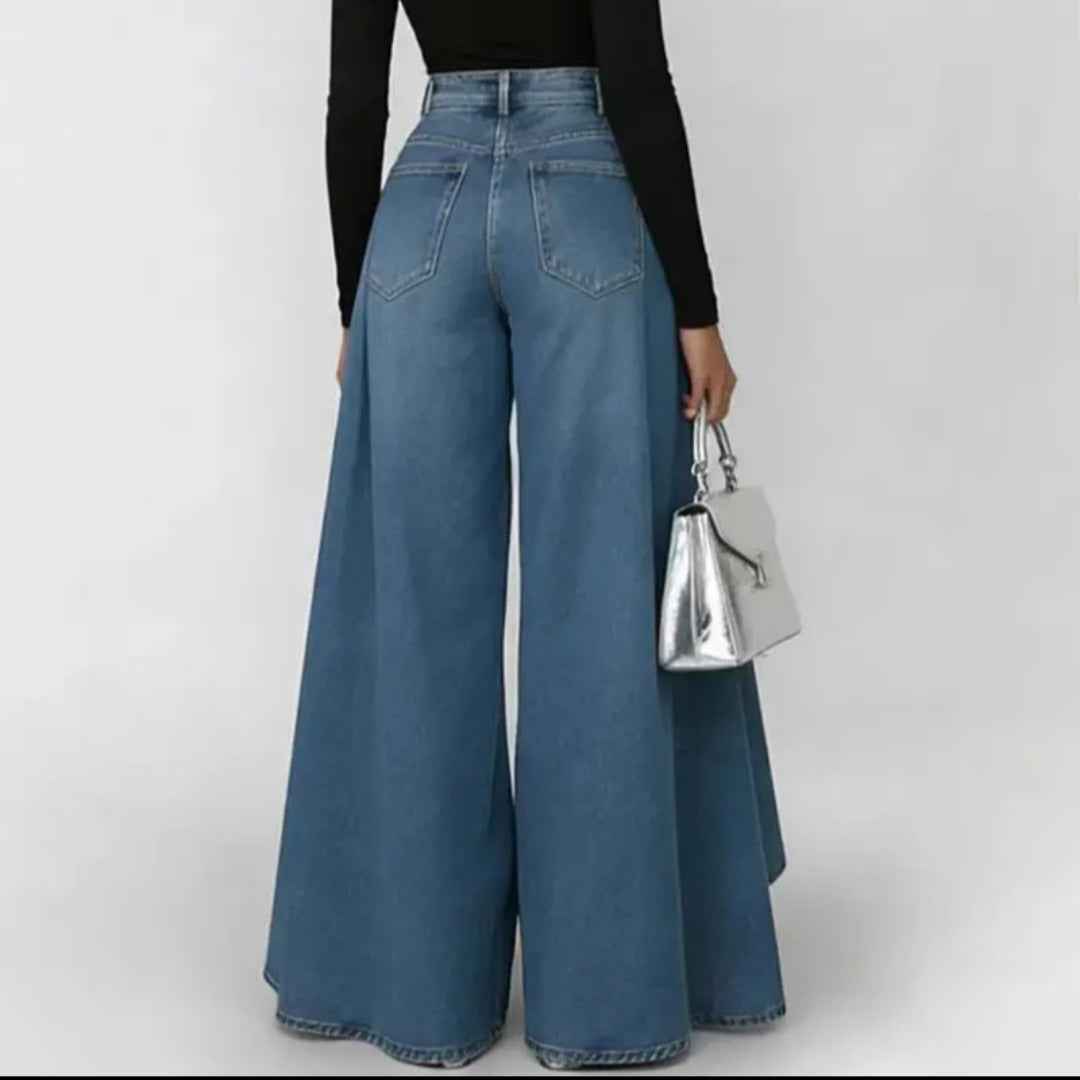 Flared Handkerchief-Hem Wide-Leg Denim