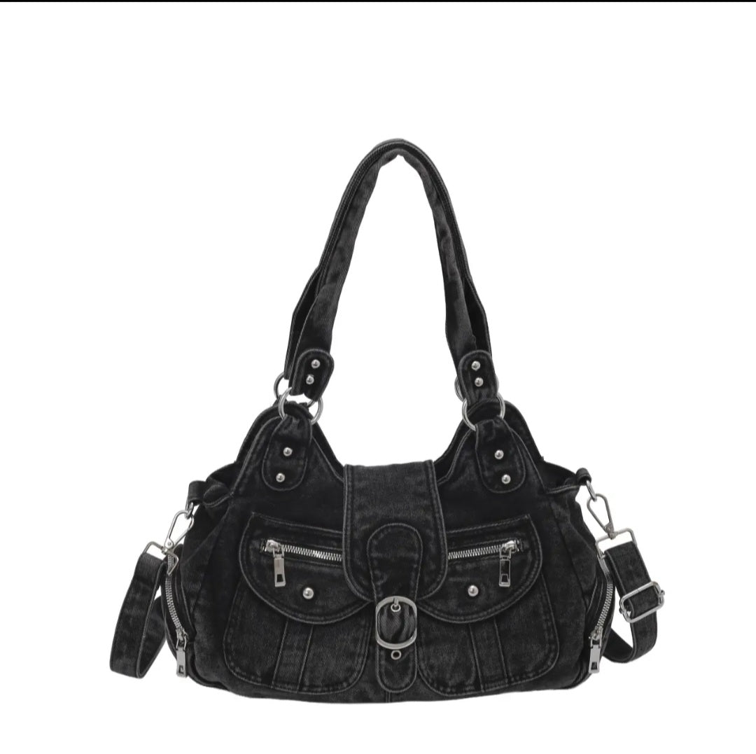 Vintage Washed Denim Hobo Shoulder Bag with Buckle Flap and Multi-Zip Pockets