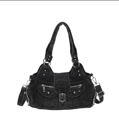 Vintage Washed Denim Hobo Shoulder Bag with Buckle Flap and Multi-Zip Pockets