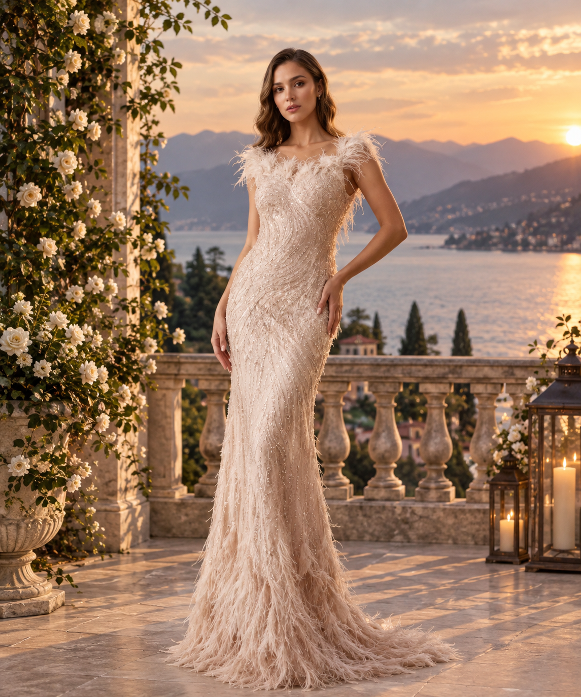Feather-Trim Beaded Mermaid Evening Gown | Abito da Sera a Sirena con Piume e Perline