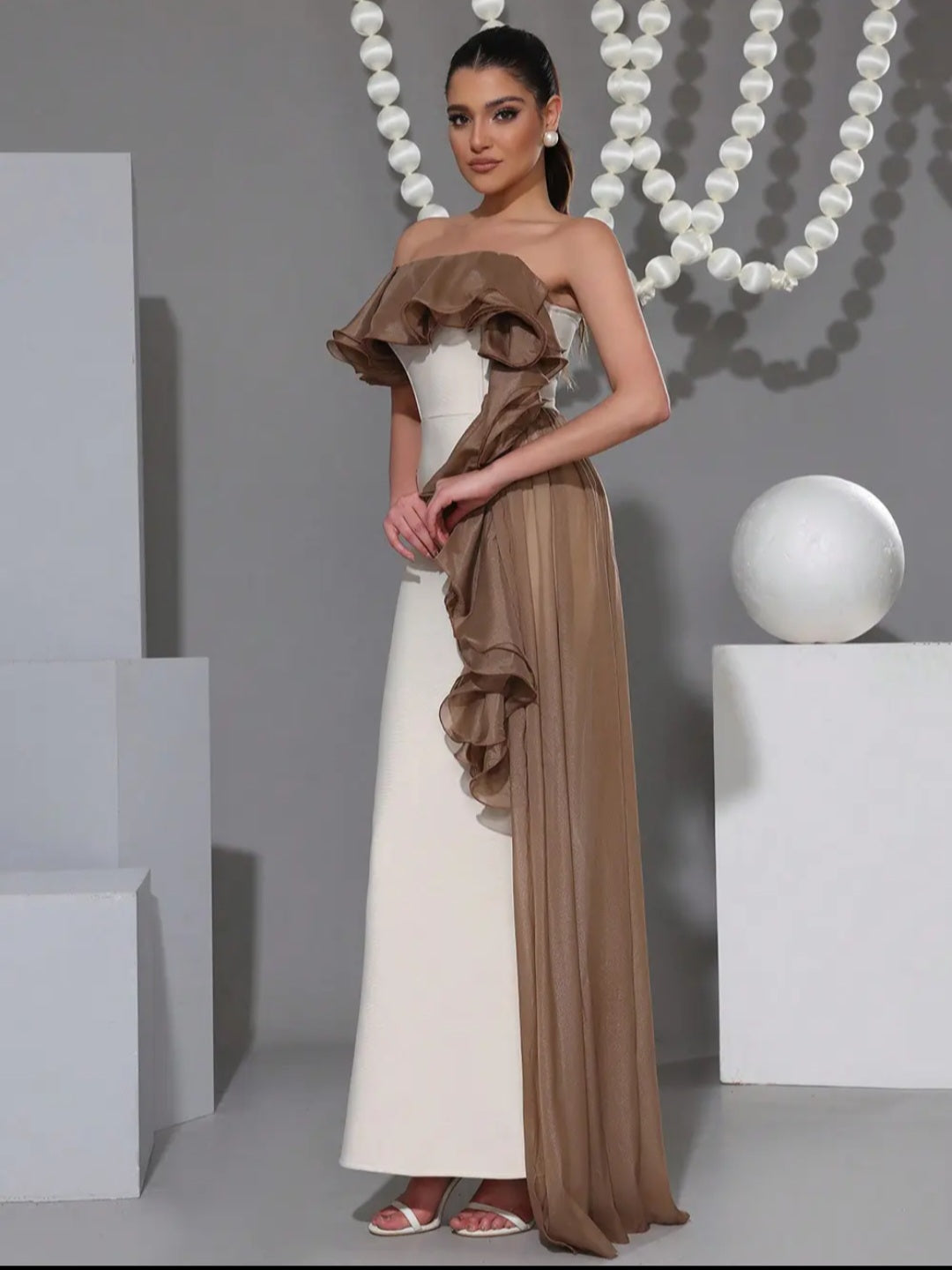 Off-Shoulder Ruffle Trim Mermaid Evening Gown with Drape Sash - Modernrush.us