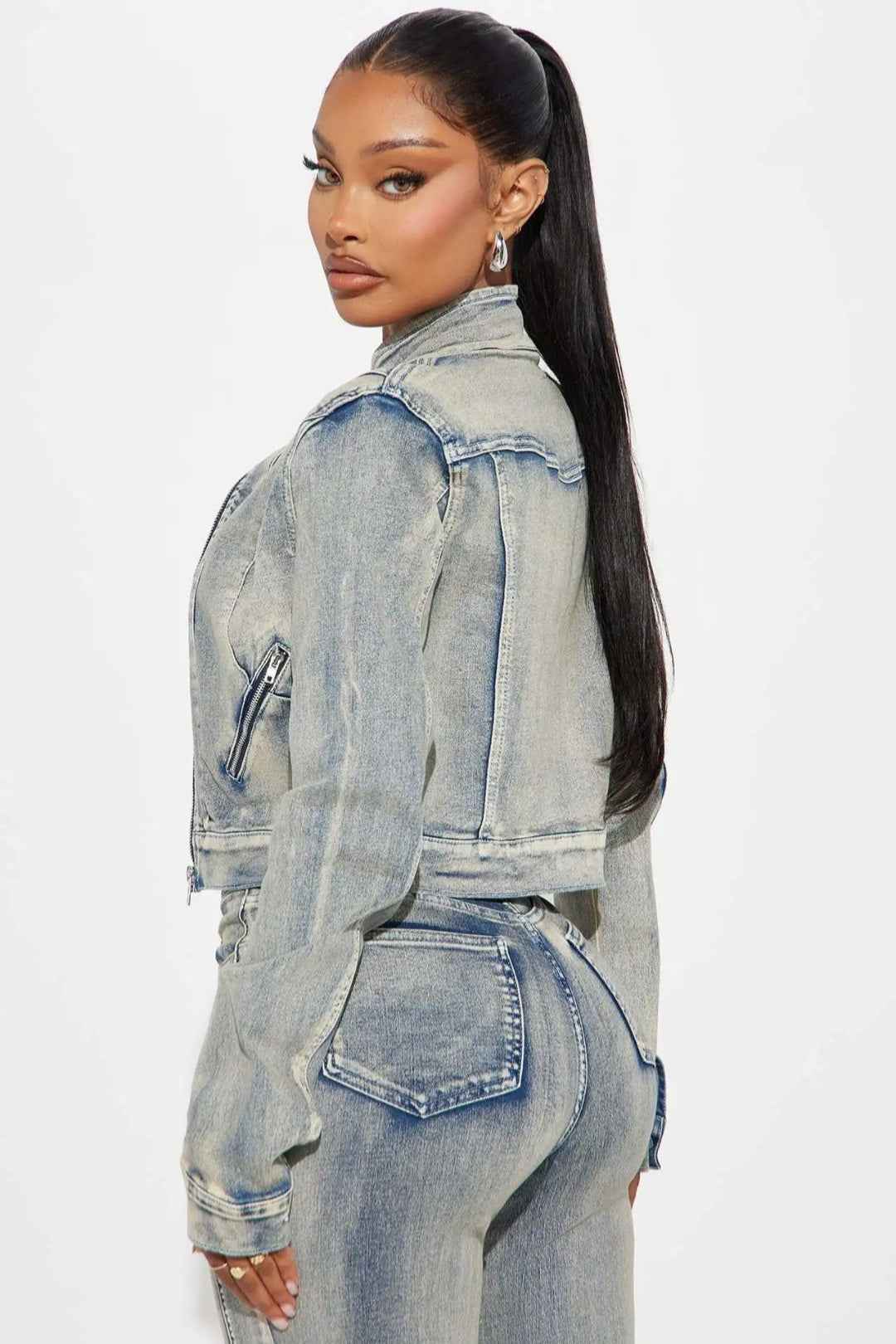 Vintage Wash Zip-Pocket Denim Jacket & Straight-Leg Jeans Set