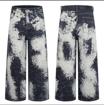Men's Acid Cloud-Wash Baggy Wide-Leg Jeans / Jeans Baggy Uomo Gamba Larga Lavaggio Nuvola