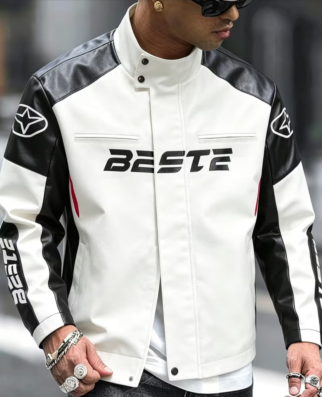 American Motorcycle Style Patchwork PU Leather Jacket for Men - Modernrush.us