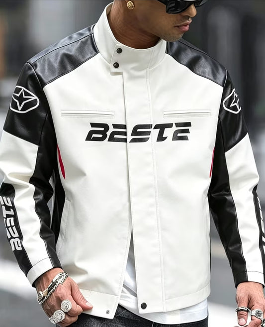 American Motorcycle Style Patchwork PU Leather Jacket for Men