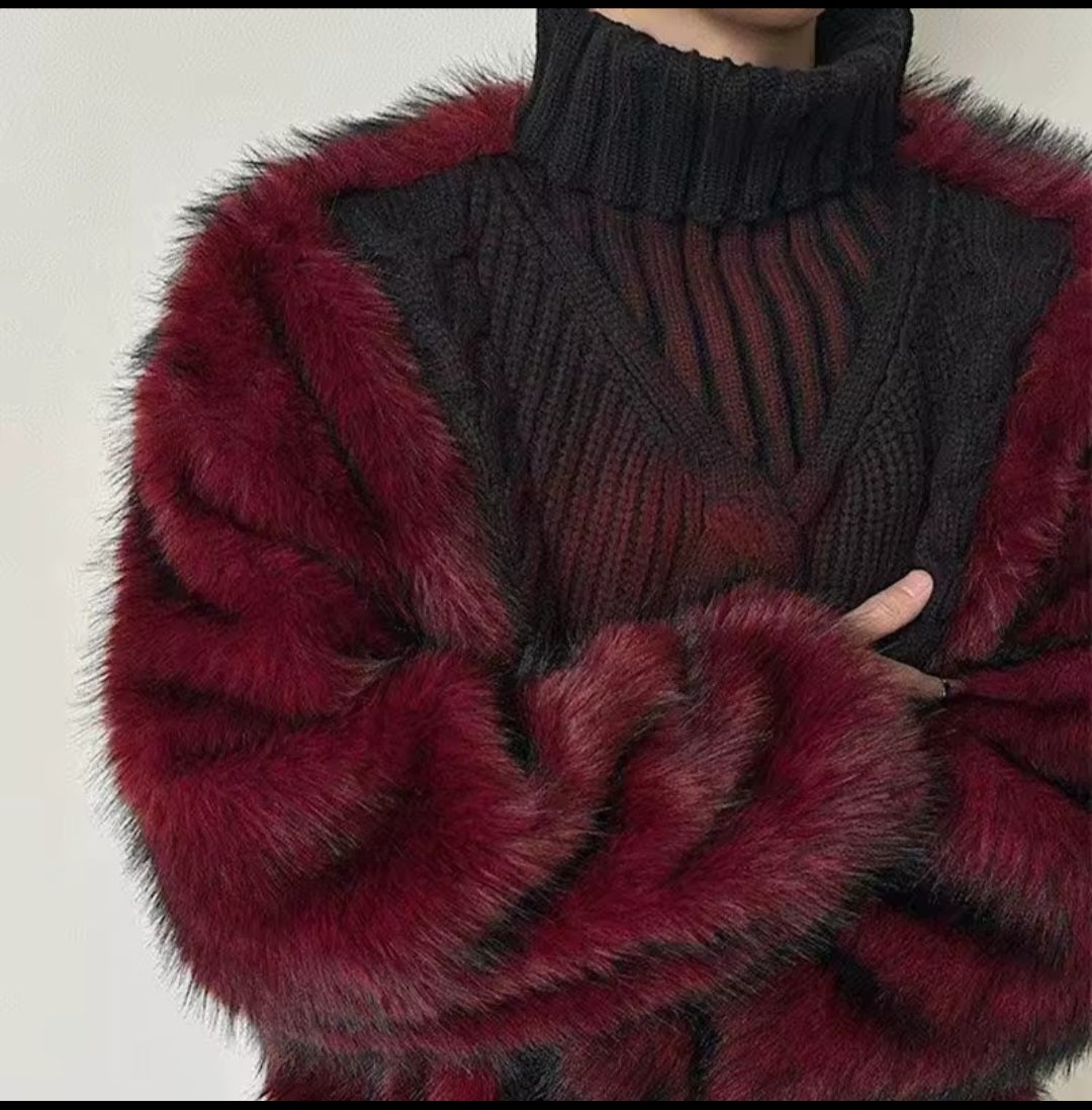 Oversized Faux Fur Cable-Knit Turtleneck Sweater