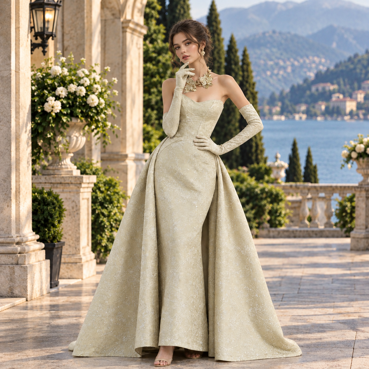 Strapless Evening Gown with Sweeping Overskirt | Abito da Sera Senza Spalline con Sopragonna