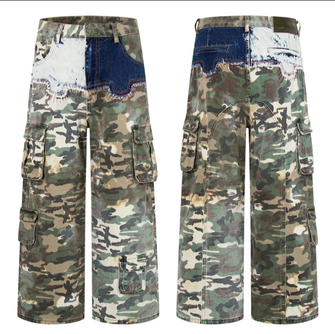 Two-Tone Camo Denim Splice Cargo Pants