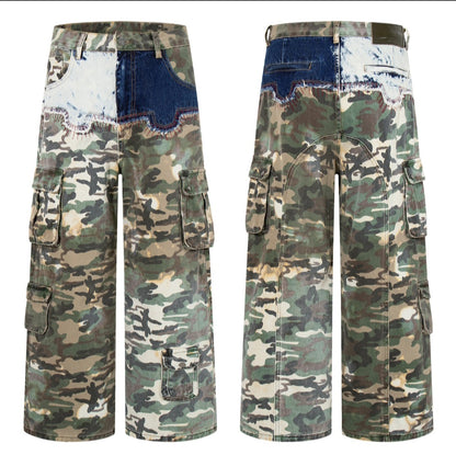 Two-Tone Camo Denim Splice Cargo Pants - Modernrush.us