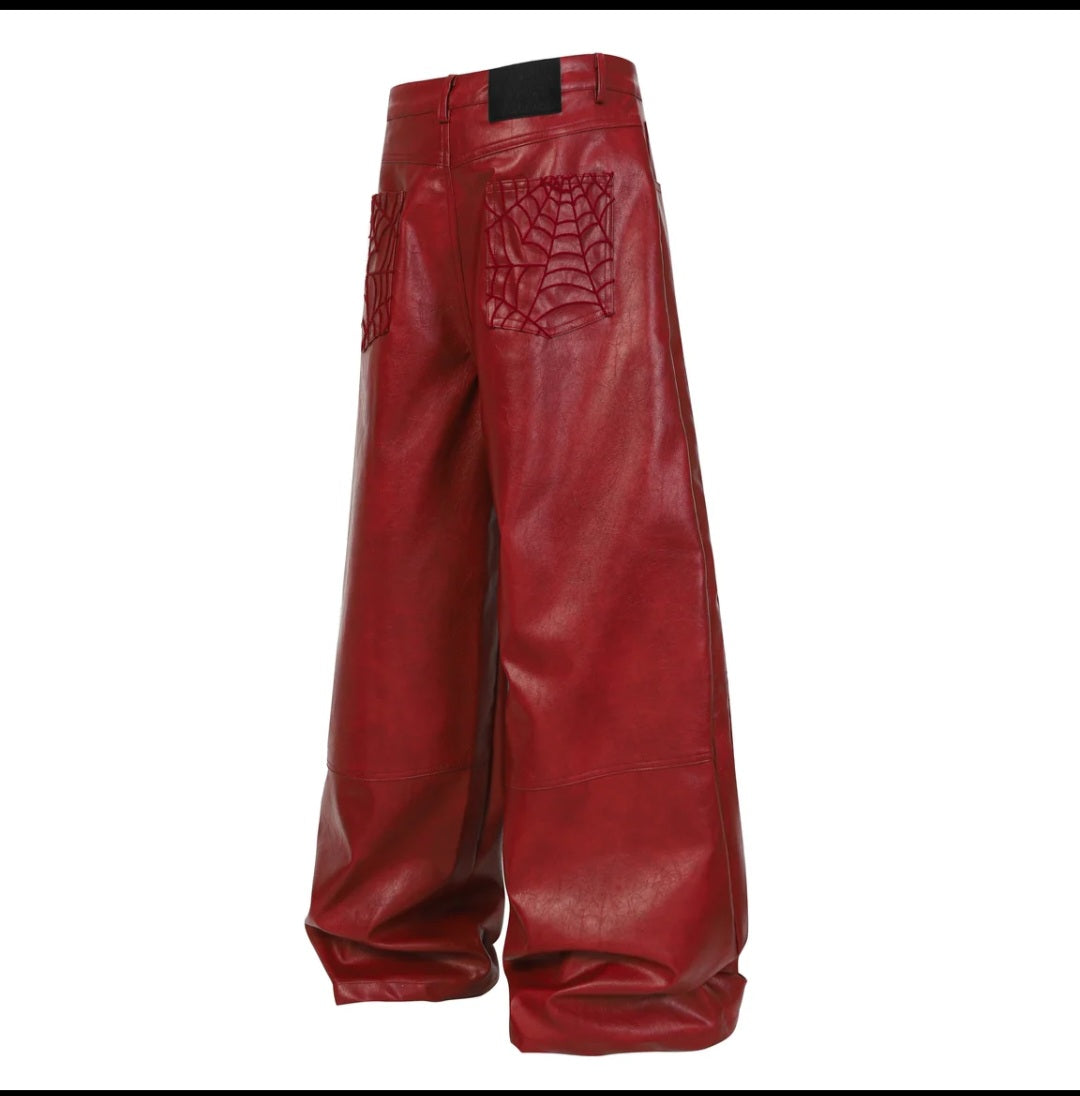 Men's Spiderweb Embossed Faux Leather Wide-Leg Pants