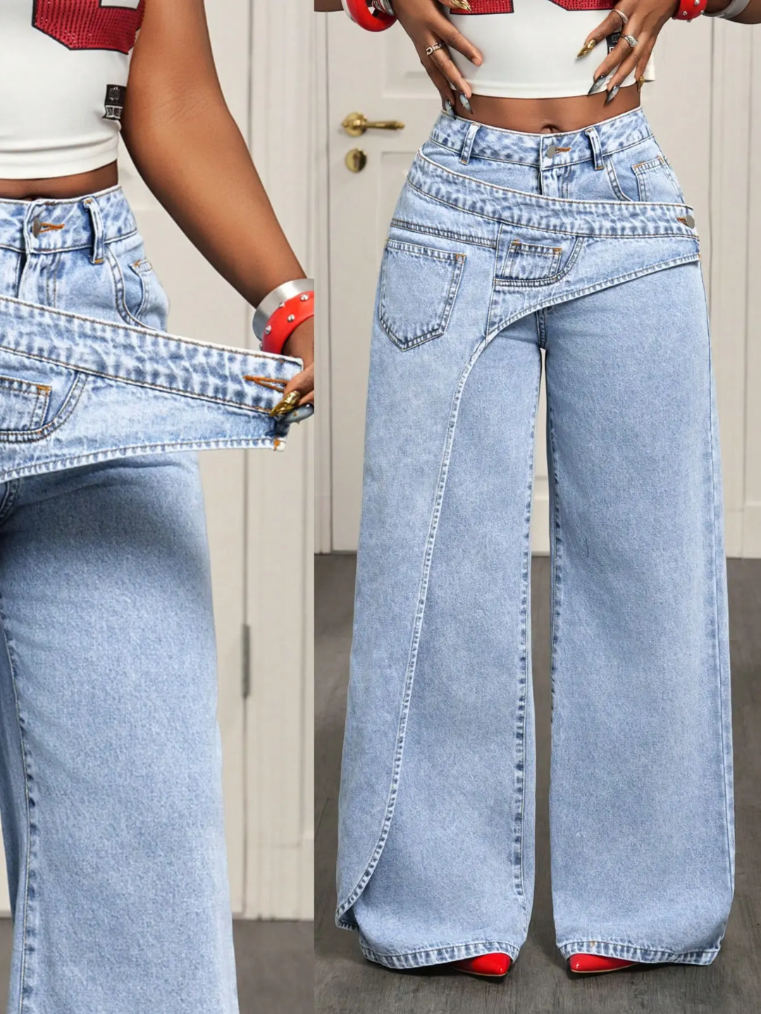 Asymmetrical Fold-Over Waist Wide-Leg Jeans | Jeans a Gamba Larga con Vita Asimmetrica Sovrapposta