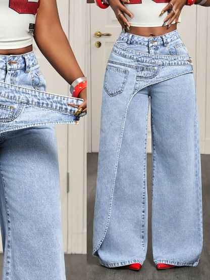 Asymmetrical Fold-Over Waist Wide-Leg Jeans | Jeans a Gamba Larga con Vita Asimmetrica Sovrapposta