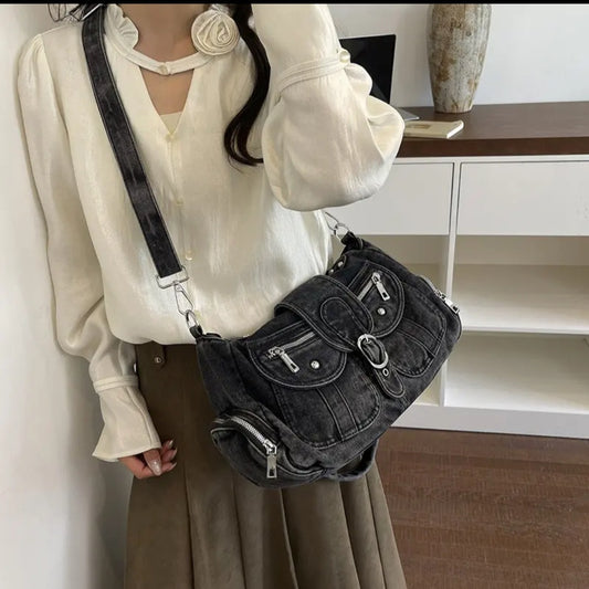 Vintage Washed Denim Hobo Shoulder Bag with Buckle Flap and Multi-Zip Pockets