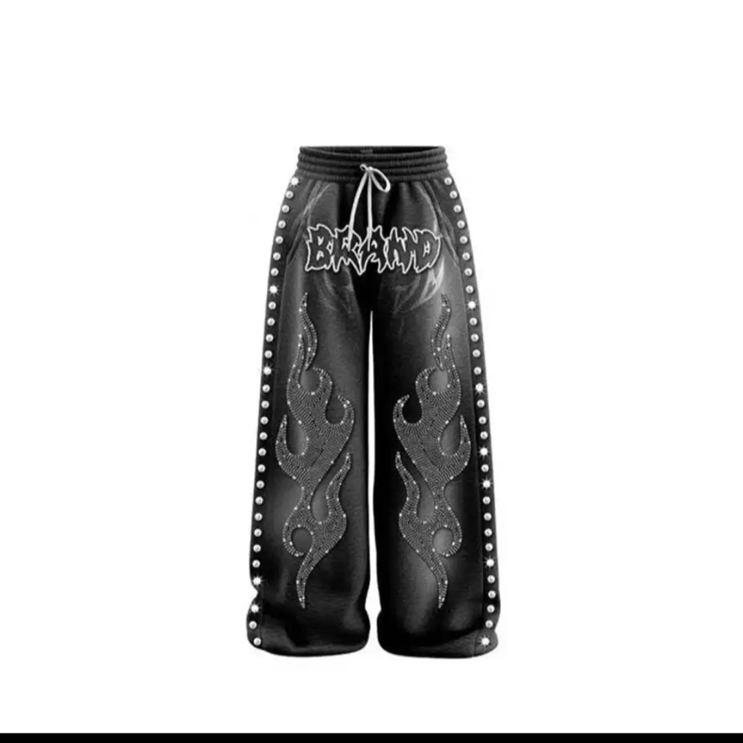 Rhinestone Flame Graphic Wide Leg Sweatpants, Studded Trim