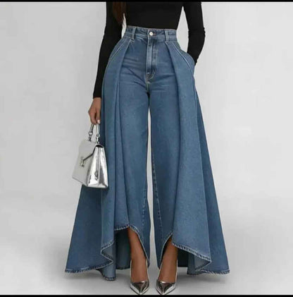 Flared Handkerchief-Hem Wide-Leg Denim
