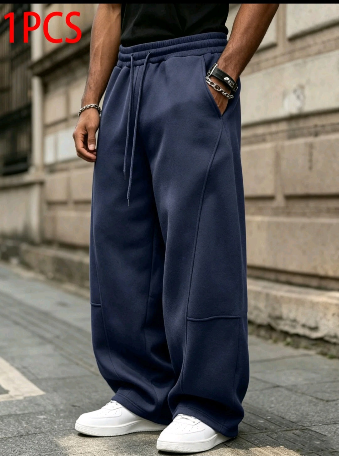 Men's Wide Leg Sweatpants, American Style Loose Drawstring Straight Pants